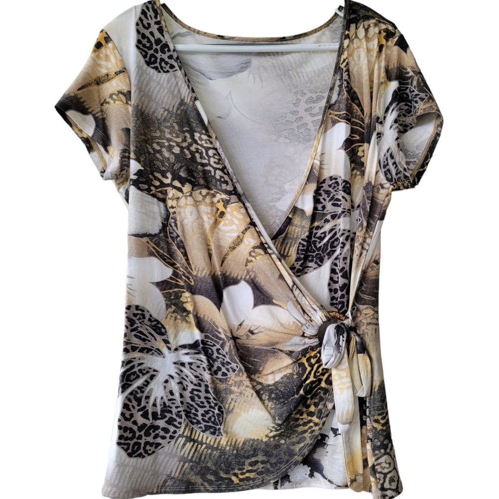 Vintage Beige and Brown Abstract Floral Faux Wrap Blouse Top Fits Size M, L & XL